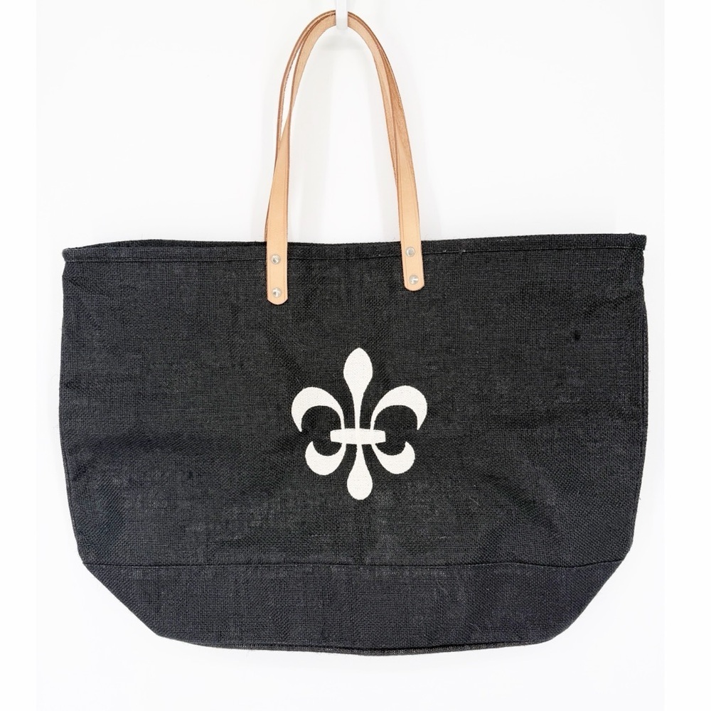 Ballard Black Fleur de Lis Large Jute Tote Zipper Close